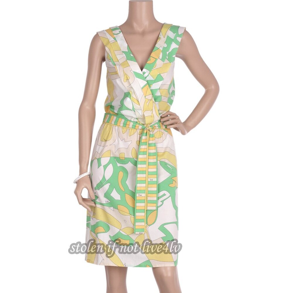 Pristine $2000 Auth Pucci dress yellow green white with belt size IT 42 US 6